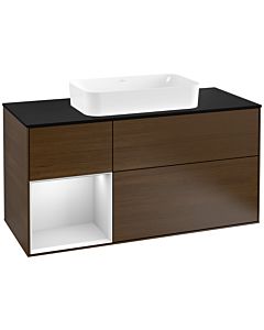 Villeroy und Boch Finion Waschtischunterschrank G292MTGN 120cm, Abdeckplatte black matt, Emotion, Regal links White matt lacquer, Walnut veneer
