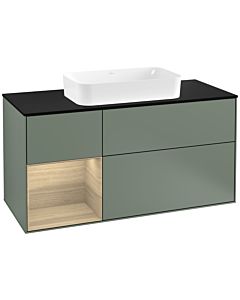 Villeroy und Boch Finion Waschtischunterschrank G292PCGM 120cm, Abdeckplatte black matt, Emotion, Regal links Oak Veneer, Olive Matt Lacquer