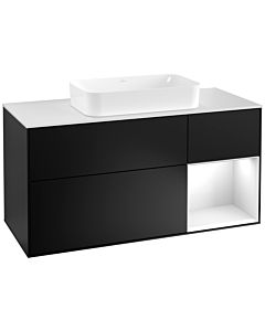 Villeroy und Boch Finion Villeroy und Boch G301GFPD 120cm, plaque de recouvrement blanc mat, Emotion, étagère à droite laqué blanc brillant, laqué noir mat