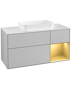 Villeroy und Boch Finion Villeroy und Boch G301HFGJ 120cm, plaque de recouvrement blanc mat, Emotion, étagère droite or mat, gris clair mat