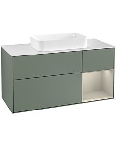 Villeroy und Boch Finion Waschtischunterschrank G301HHGM 120cm, Abdeckplatte white matt, Emotion, Regal rechts Sand Matt, Olive Matt Lacquer