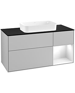 Villeroy und Boch Finion Villeroy und Boch G302GFGJ 120cm, plaque de finition noir mat, émotion, étagère à droite laqué blanc brillant, gris clair mat