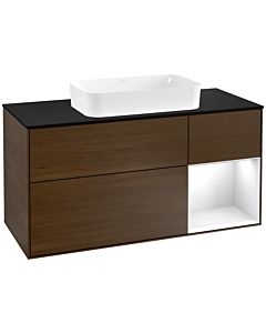 Villeroy und Boch Finion Waschtischunterschrank G302GFGN 120cm, Abdeckplatte black matt, Emotion, Regal rechts Glossy white lacquer, Walnut veneer