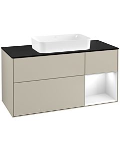 Villeroy und Boch Finion Villeroy und Boch G302GFHH 120cm, plaque de finition noir mat, Emotion, étagère à droite Laque blanc brillant, Sand Matt Lacquer
