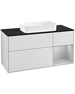 Villeroy und Boch Finion Waschtischunterschrank G302GJMT 120cm, Abdeckplatte black matt, Emotion, Regal rechts Light grey matt, White matt lacquer