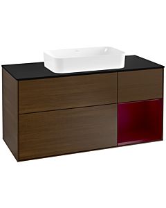 Villeroy und Boch Finion Waschtischunterschrank G302HBGN 120cm, Abdeckplatte black matt, Emotion, Regal rechts Peony, Walnut veneer