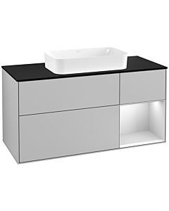 Villeroy und Boch Finion Waschtischunterschrank G302MTGJ 120cm, Abdeckplatte black matt, Emotion, Regal rechts White matt lacquer, Light grey matt
