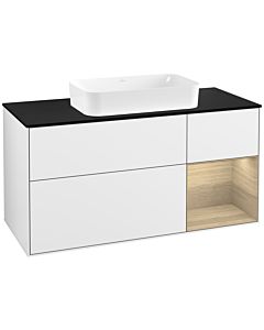 Villeroy und Boch Finion Waschtischunterschrank G302PCGF 120cm, Abdeckplatte black matt, Emotion, Regal rechts Oak Veneer, Glossy white lacquer