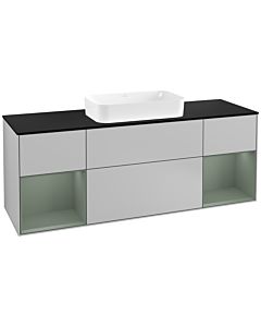 Villeroy und Boch Finion Waschtischunterschrank G332GMGJ 160cm, Abdeckplatte black matt, Emotion, Regale Olive matt lacquer, Light grey matt