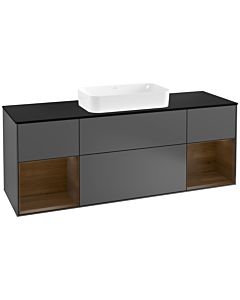 Villeroy und Boch Finion Waschtischunterschrank G332GNGK 160cm, Abdeckplatte black matt, Emotion, Regale Walnut veneer, Anthracite matt