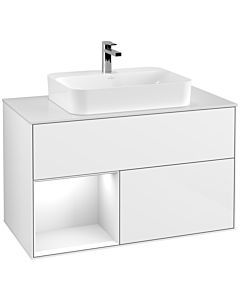Villeroy und Boch Finion Waschtischunterschrank G361GFGF 100cm, Abdeckplatte white matt, Emotion, Regal links Glossy white lacquer, Glossy white lacquer
