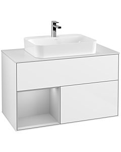 Villeroy und Boch Finion Waschtischunterschrank G361GJGF 100cm, Abdeckplatte white matt, Emotion, Regal links Light grey matt, Glossy white lacquer