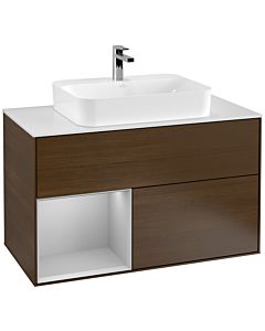 Villeroy und Boch Finion Waschtischunterschrank G361GJGN 100cm, Abdeckplatte white matt, Emotion, Regal links Light grey matt, Walnut veneer