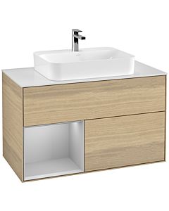 Villeroy und Boch Finion Waschtischunterschrank G361GJPC 100cm, Abdeckplatte white matt, Emotion, Regal links Light grey matt, Oak Veneer
