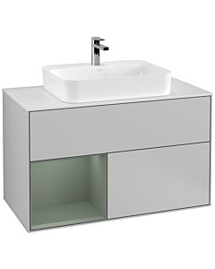 Villeroy und Boch Finion Waschtischunterschrank G361GMGJ 100cm, Abdeckplatte white matt, Emotion, Regal links Olive Matt Lacquer, Light grey matt