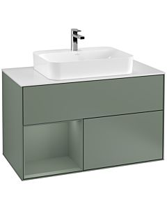 Villeroy und Boch Finion Waschtischunterschrank G361GMGM 100cm, Abdeckplatte white matt, Emotion, Regal links Olive Matt Lacquer, Olive Matt Lacquer