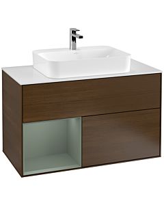 Villeroy und Boch Finion Waschtischunterschrank G361GMGN 100cm, Abdeckplatte white matt, Emotion, Regal links Olive Matt Lacquer, Walnut veneer