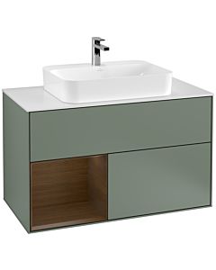 Villeroy und Boch Finion Waschtischunterschrank G361GNGM 100cm, Abdeckplatte white matt, Emotion, Regal links Walnut veneer, Olive Matt Lacquer