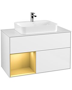 Villeroy und Boch Finion Villeroy und Boch G361HFGF 100cm, plaque de recouvrement blanc mat, Emotion, étagère gauche or mat, laqué blanc brillant