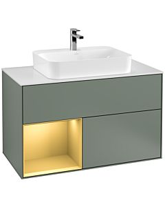 Villeroy und Boch Finion Villeroy und Boch G361HFGM 100cm, plaque de recouvrement blanc mat, Emotion, étagère gauche or mat, Olive Matt Lacquer