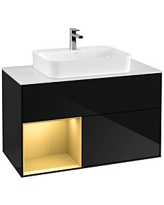 Villeroy und Boch Finion Waschtischunterschrank G361HFPH 100cm, Abdeckplatte white matt, Emotion, Regal links Gold matt, Glossy Black Lacquer