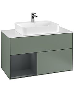 Villeroy und Boch Finion Waschtischunterschrank G361HGGM 100cm, Abdeckplatte white matt, Emotion, Regal links Midnight Blue Matt Lacquer, Olive Matt Lacquer