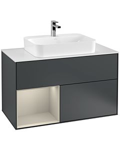 Villeroy und Boch Finion Waschtischunterschrank G361HHHG 100cm, Abdeckplatte white matt, Emotion, Regal links Sand Matt Lacquer, Midnight Blue Matt Lacquer