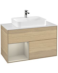 Villeroy und Boch Finion Waschtischunterschrank G361HHPC 100cm, Abdeckplatte white matt, Emotion, Regal links Sand Matt Lacquer, Oak Veneer