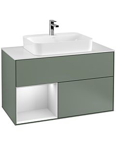 Villeroy und Boch Finion Villeroy und Boch G361MTGM 100cm, plaque de recouvrement blanc mat, Emotion, étagère gauche laqué blanc mat, Olive Matt Lacquer