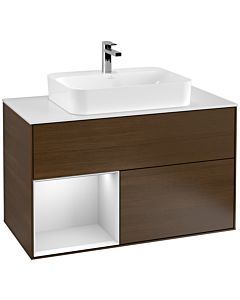 Villeroy und Boch Finion Waschtischunterschrank G361MTGN 100cm, Abdeckplatte white matt, Emotion, Regal links White matt lacquer, Walnut veneer