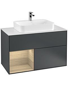 Villeroy und Boch Finion Waschtischunterschrank G361PCHG 100cm, Abdeckplatte white matt, Emotion, Regal links Oak Veneer, Midnight Blue Matt Lacquer