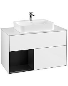 Villeroy und Boch Finion Villeroy und Boch G361PDGF 100cm, plaque de recouvrement blanc mat, Emotion, étagère gauche laqué noir mat, laqué blanc brillant