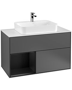 Villeroy und Boch Finion Villeroy und Boch G361PDGK 100cm, plaque de recouvrement blanc mat, Emotion, étagère à gauche laqué noir mat, anthracite mat