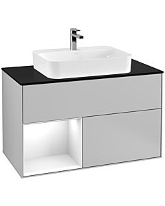 Villeroy und Boch Finion Waschtischunterschrank G362GFGJ 100cm, Abdeckplatte black matt, Emotion, Regal links Glossy white lacquer, Light grey matt