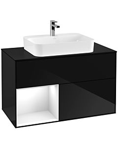 Villeroy und Boch Finion Waschtischunterschrank G362GFPH 100cm, Abdeckplatte black matt, Emotion, Regal links Glossy white lacquer, Glossy Black Lacquer