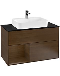 Villeroy und Boch Finion Waschtischunterschrank G362GNGN 100cm, Abdeckplatte black matt, Emotion, Regal links Walnut veneer, Walnut veneer