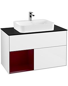 Villeroy und Boch Finion Waschtischunterschrank G362HBGF 100cm, Abdeckplatte black matt, Emotion, Regal links Peony, Glossy white lacquer
