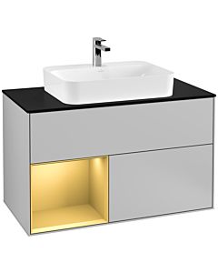 Villeroy und Boch Finion Waschtischunterschrank G362HFGJ 100cm, Abdeckplatte black matt, Emotion, Regal links Gold matt, Light grey matt
