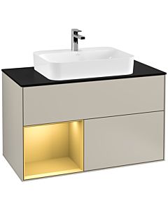 Villeroy und Boch Finion Waschtischunterschrank G362HFHH 100cm, Abdeckplatte black matt, Emotion, Regal links Gold matt, Sand Matt Lacquer