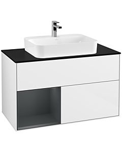 Villeroy und Boch Finion Waschtischunterschrank G362HGGF 100cm, Abdeckplatte black matt, Emotion, Regal links Midnight Blue Matt Lacquer, Glossy white lacquer