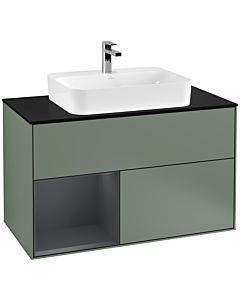 Villeroy und Boch Finion Waschtischunterschrank G362HGGM 100cm, Abdeckplatte black matt, Emotion, Regal links Midnight Blue Matt Lacquer, Olive Matt Lacquer