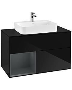Villeroy und Boch Finion Waschtischunterschrank G362HGPH 100cm, Abdeckplatte black matt, Emotion, Regal links Midnight Blue Matt Lacquer, Glossy Black Lacquer