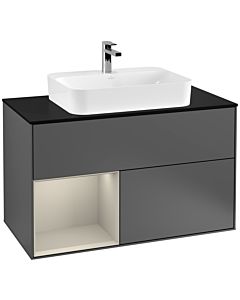 Villeroy und Boch Finion Waschtischunterschrank G362HHGK 100cm, Abdeckplatte black matt, Emotion, Regal links Sand Matt Lacquer, Anthracite matt