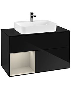 Villeroy und Boch Finion Waschtischunterschrank G362HHPH 100cm, Abdeckplatte black matt, Emotion, Regal links Sand Matt Lacquer, Glossy Black Lacquer