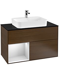 Villeroy und Boch Finion Waschtischunterschrank G362MTGN 100cm, Abdeckplatte black matt, Emotion, Regal links White matt lacquer, Walnut veneer