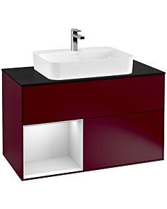 Villeroy und Boch Finion Waschtischunterschrank G362MTHB 100cm, Abdeckplatte black matt, Emotion, Regal links White matt lacquer, Peony Matt