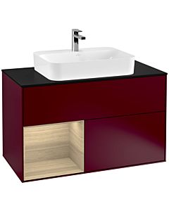 Villeroy und Boch Finion Waschtischunterschrank G362PCHB 100cm, Abdeckplatte black matt, Emotion, Regal links Oak Veneer, Peony Matt