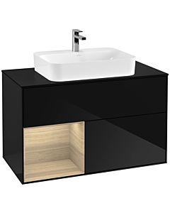 Villeroy und Boch Finion Waschtischunterschrank G362PCPH 100cm, Abdeckplatte black matt, Emotion, Regal links Oak Veneer, Glossy Black Lacquer