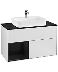 Villeroy und Boch Finion Waschtischunterschrank G362PHMT 100cm, Abdeckplatte black matt, Emotion, Regal links Glossy Black Lacquer, White matt lacquer