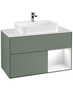 Villeroy und Boch Finion Waschtischunterschrank G371GFGM 100cm, Abdeckplatte white matt, Emotion, Regal rechts Glossy white lacquer, Olive Matt Lacquer